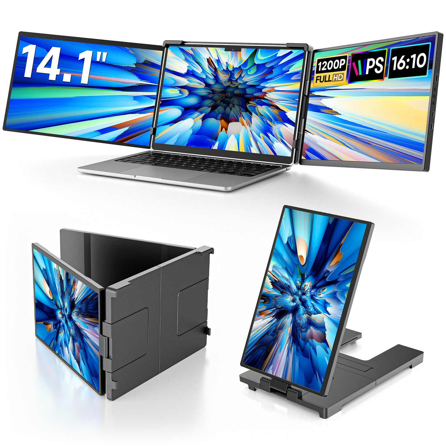 14" Triple Portable Monitor for Laptop, FHD 1200P IPS Screen Extender Monitors for 14"-17.3" Carry a USB flash drive，Plug & Play Compatible with Windows, Mac, Android