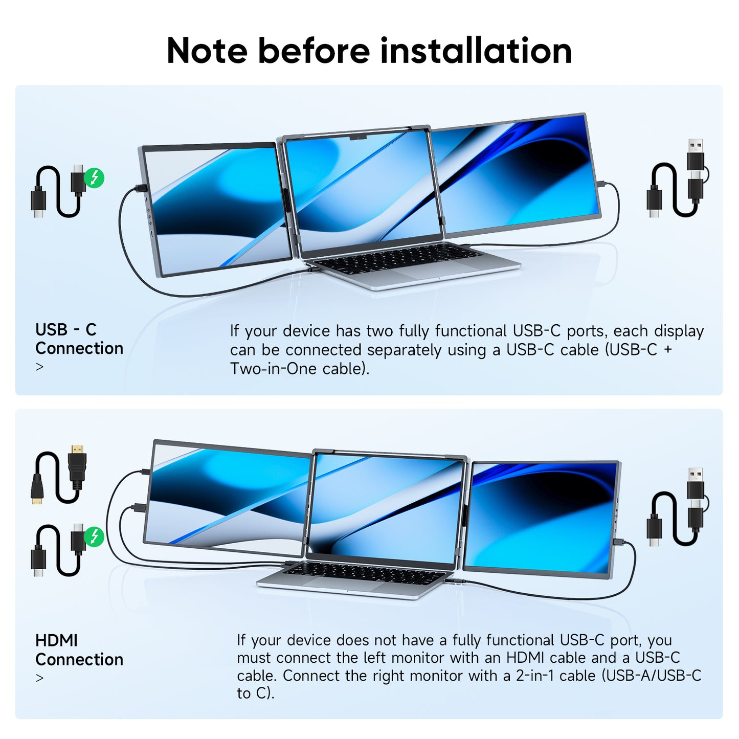 14" Triple Portable Monitor for Laptop, FHD 1200P IPS Screen Extender Monitors for 14"-17.3" Carry a USB flash drive，Plug & Play Compatible with Windows, Mac, Android