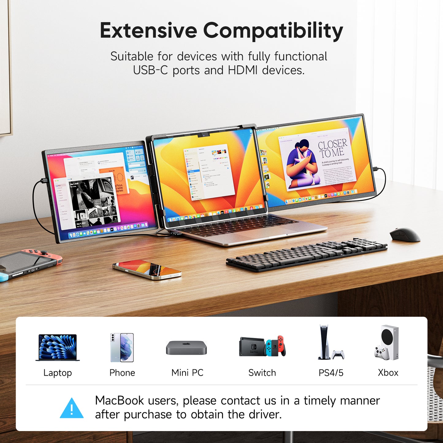 14" Triple Portable Monitor for Laptop, FHD 1200P IPS Screen Extender Monitors for 14"-17.3" Carry a USB flash drive，Plug & Play Compatible with Windows, Mac, Android