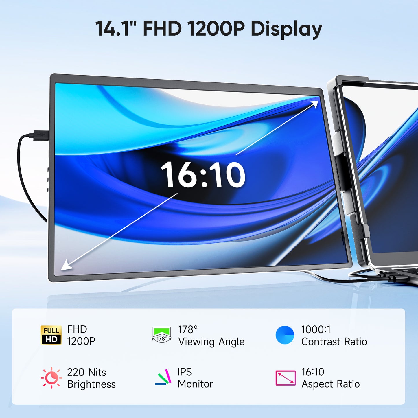 14" Triple Portable Monitor for Laptop, FHD 1200P IPS Screen Extender Monitors for 14"-17.3" Carry a USB flash drive，Plug & Play Compatible with Windows, Mac, Android