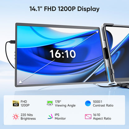 14" Triple Portable Monitor for Laptop, FHD 1200P IPS Screen Extender Monitors for 14"-17.3" Carry a USB flash drive，Plug & Play Compatible with Windows, Mac, Android