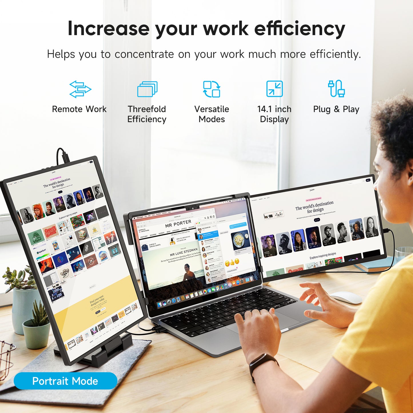 14" Triple Portable Monitor for Laptop, FHD 1200P IPS Screen Extender Monitors for 14"-17.3" Carry a USB flash drive，Plug & Play Compatible with Windows, Mac, Android