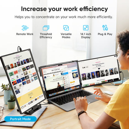 14" Triple Portable Monitor for Laptop, FHD 1200P IPS Screen Extender Monitors for 14"-17.3" Carry a USB flash drive，Plug & Play Compatible with Windows, Mac, Android