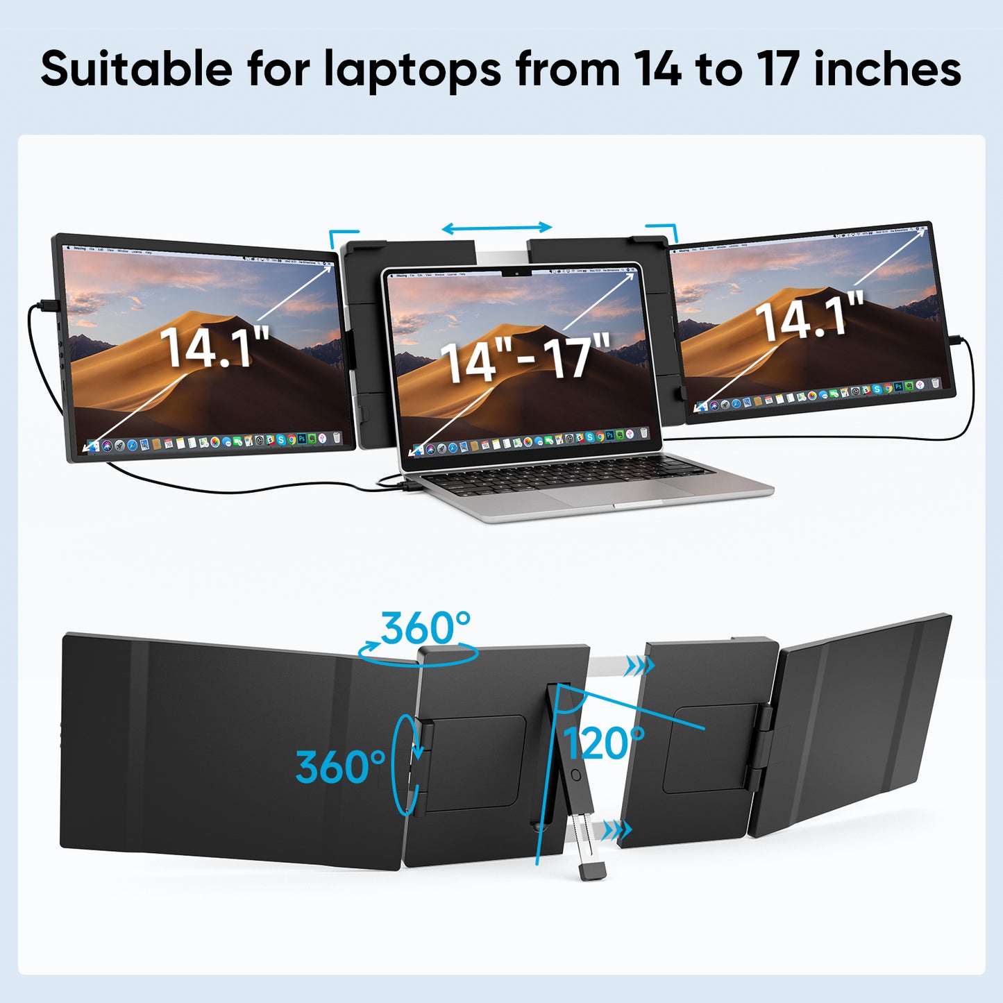 14" Triple Portable Monitor for Laptop, FHD 1200P IPS Screen Extender Monitors for 14"-17.3" Carry a USB flash drive，Plug & Play Compatible with Windows, Mac, Android
