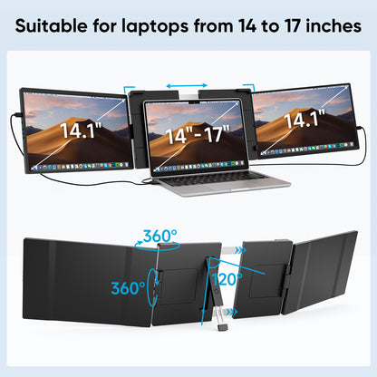14" Triple Portable Monitor for Laptop, FHD 1200P IPS Screen Extender Monitors for 14"-17.3" Carry a USB flash drive，Plug & Play Compatible with Windows, Mac, Android