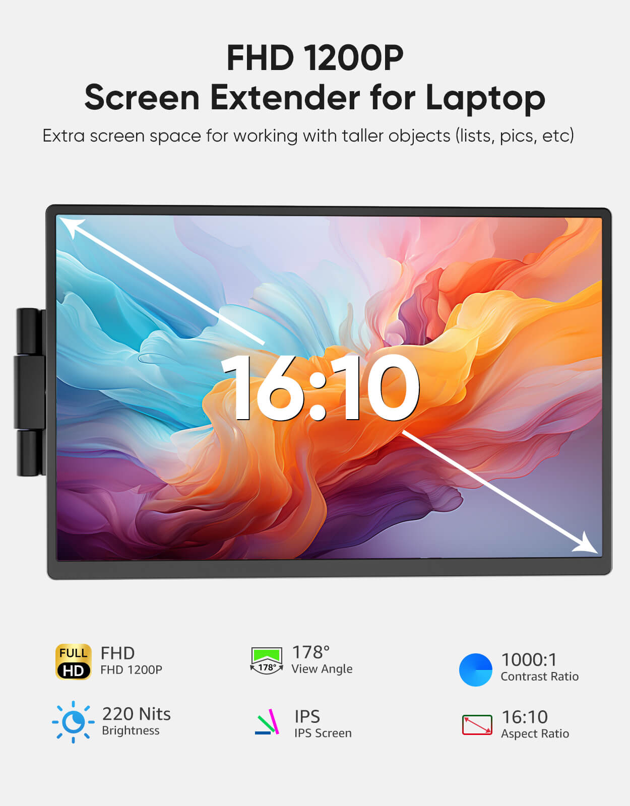 Enhance your productivity and visual experience with this 14-inch portable screen extender. Featuring a Full HD 1920*1200 IPS display, this monitor provides sharp, vibrant visuals with a 16:10 aspect ratio and 1000:1 contrast ratio, perfect for multitasking, entertainment, and professional work. Designed to seamlessly connect to your laptop, it’s the perfect tool for boosting your efficiency on the go.