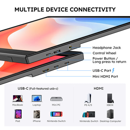 15.6” 1080P Portable Monitor USB-C HDMI IPS Display – Ultra-Slim Travel Screen for Laptop, Mac, Phone, PS5, Xbox, Switch