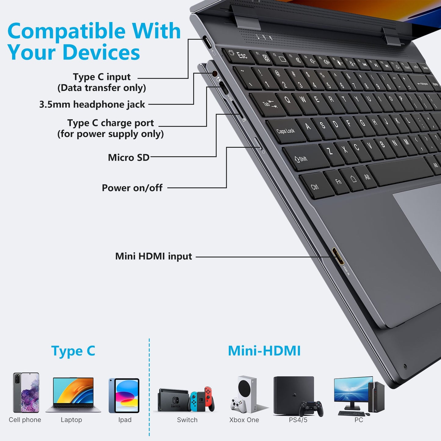 1080P Touchscreen 10800 mAh Battery Keyboard Portable Lapdock Silver