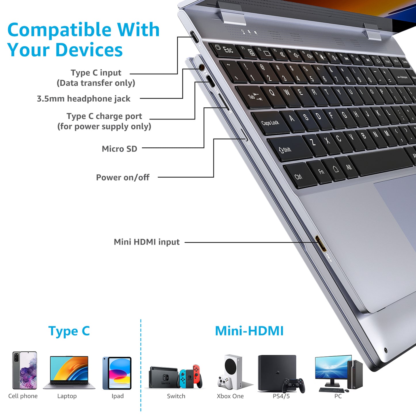 Wireless 14.1''1080P Touchscreen 10800 mAh Battery Keyboard Wireless Portable Lapdock Silver