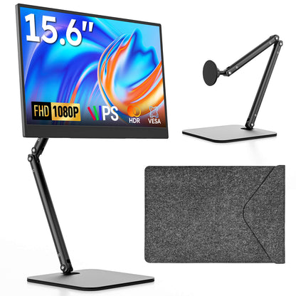 15.6" Portable Monitor for Laptop – FHD 1080P IPS USB-C Travel Screen Extender with Foldable Stand & Case